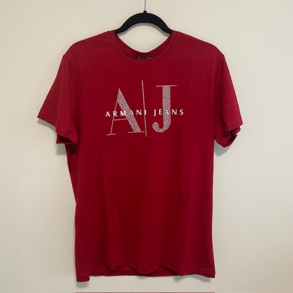 ARMANI JEANS Wine Color T-shirt Rhinestones Letters size L - Picture 1 of 10